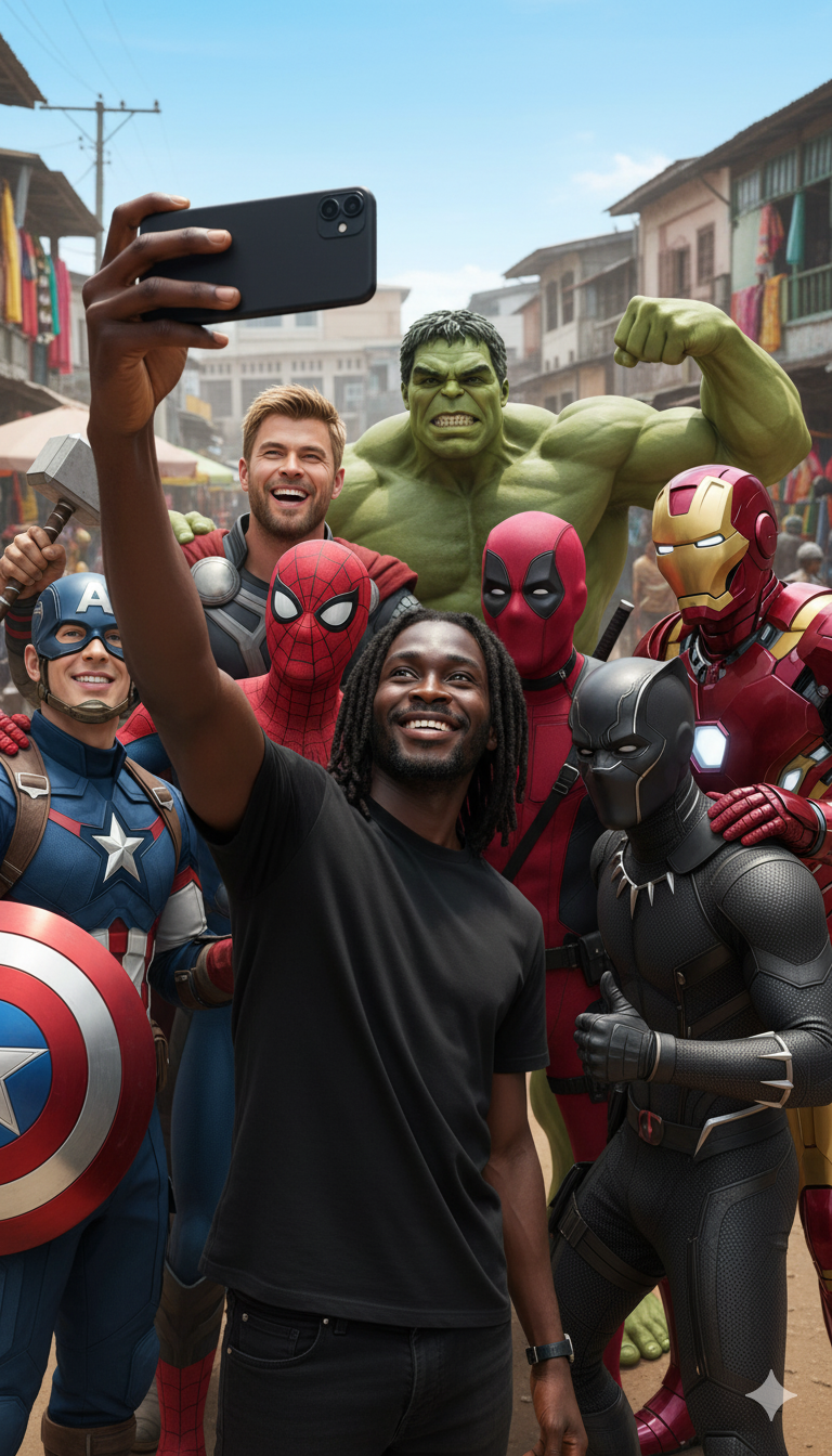 Kwame Richman in a superhero themed group selfie